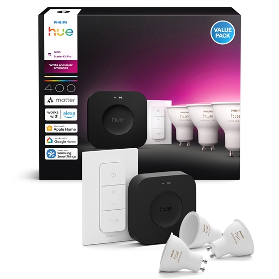 Philips Hue startsæt: 3 x WCA 4,2W GU10 400lm + Bridge Pro + Dimmer Switch
