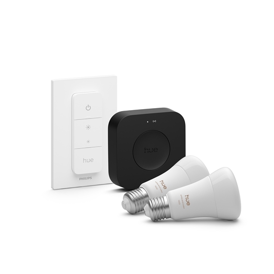 Philips Hue startsæt: 2 x WCA 8,1W E27 1100lm + Bridge Pro + Dimmer Switch