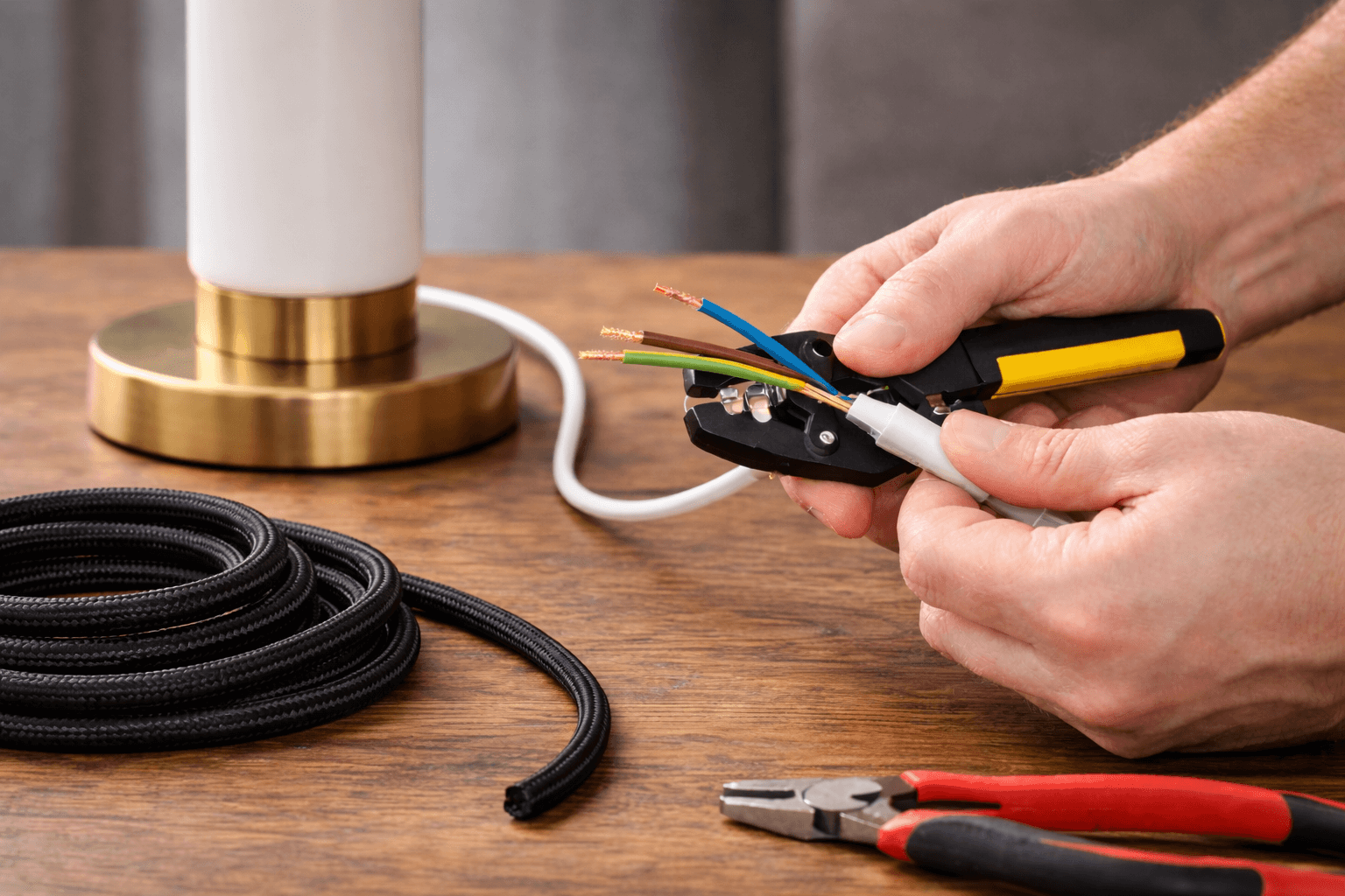 Sådan skifter du fra plastledning til stofledning på en lampe | Lamper.dk